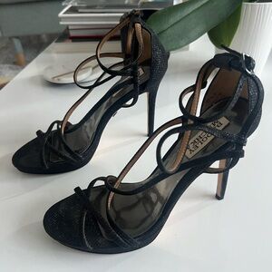 VINTAGE Badgley Mishka Black Sparkle Elegant Black Strappy Heels 90s Y2K 6.5